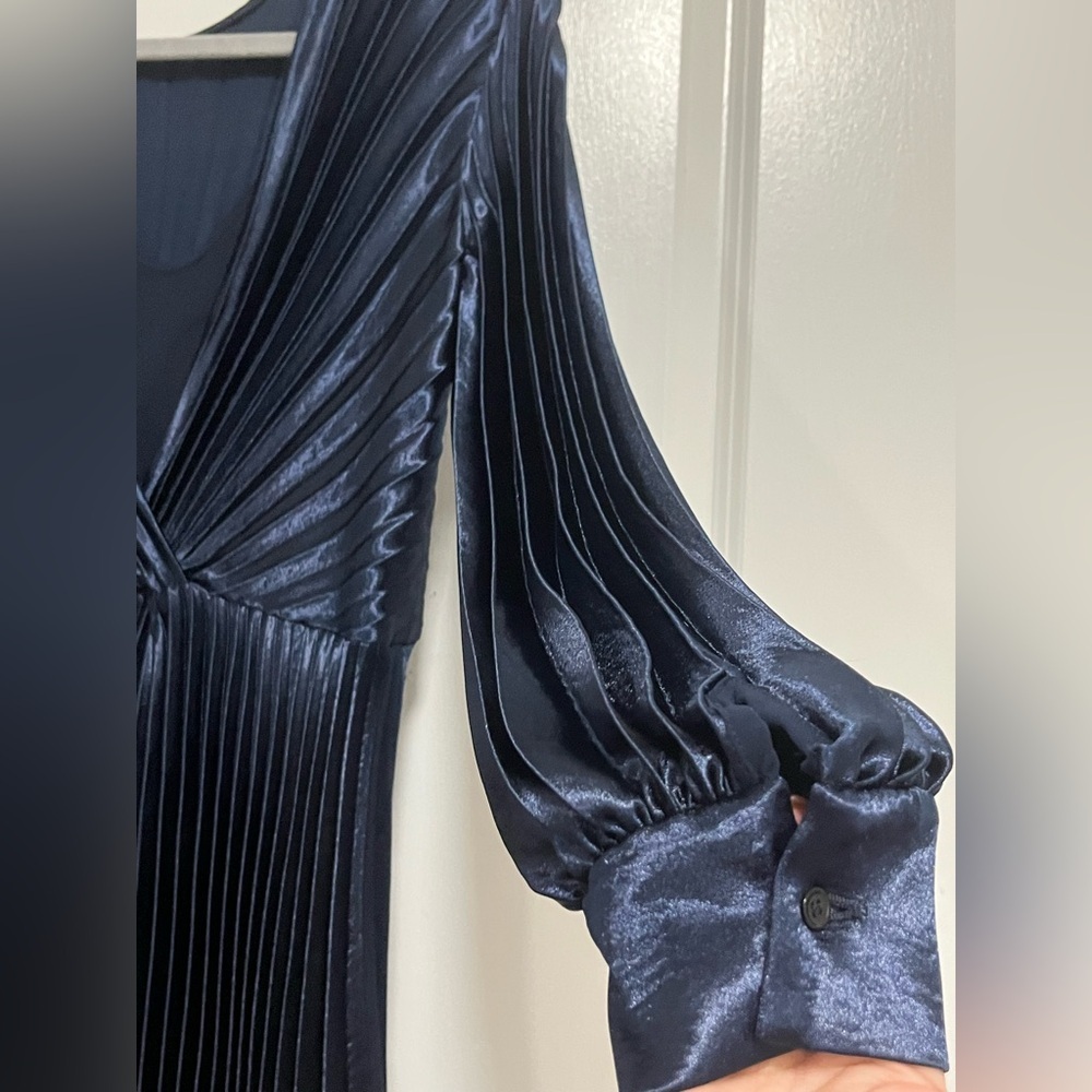 Sandro Paris Navy Pleated Satin Midi Dress Boat Neck V-Back EU 40 - Picture 7 of 13